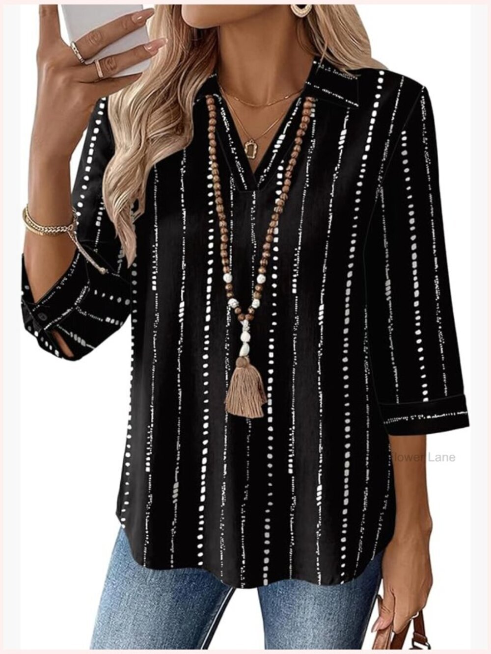 3/4 Sleeve V-Neck Tunic Blouse Business Casual Collared Work Shirt